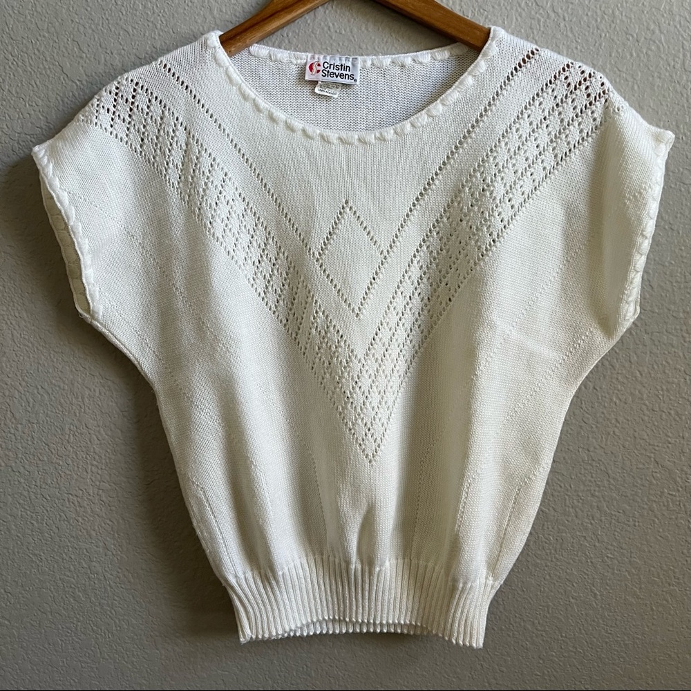 Vintage Cristin Stevens Dropped Stitch Capped Sleeve Sweater in White